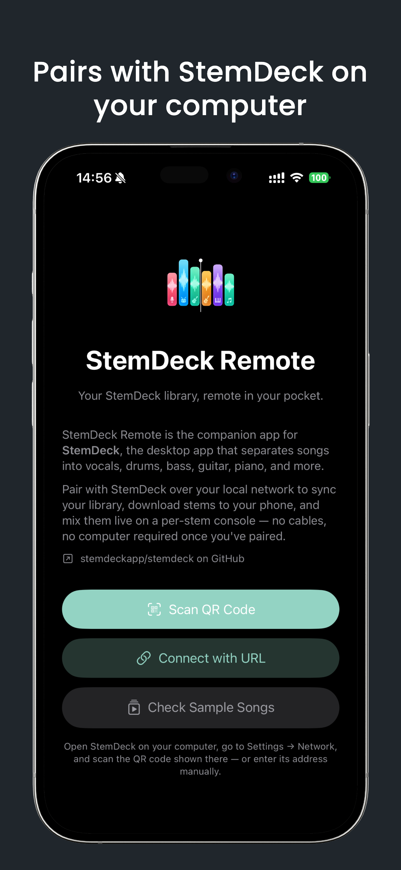 Pairing screen — scan a QR code or type your StemDeck's address