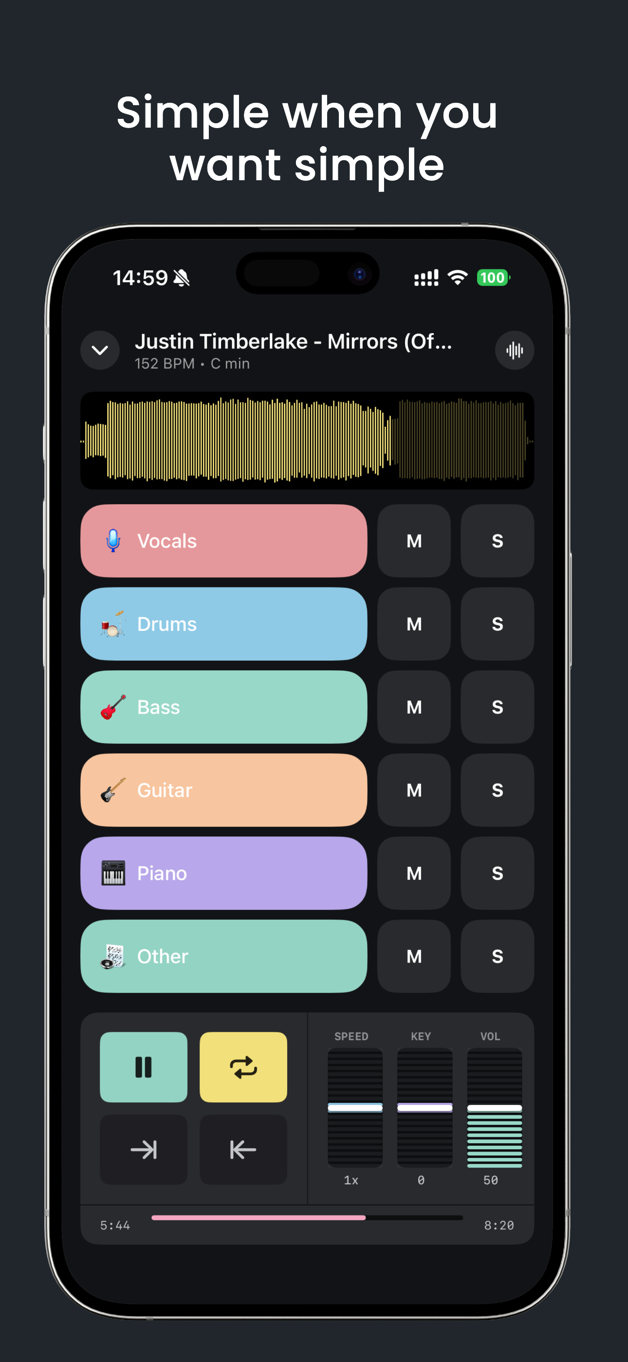 Simple waveform-and-fader mixer view